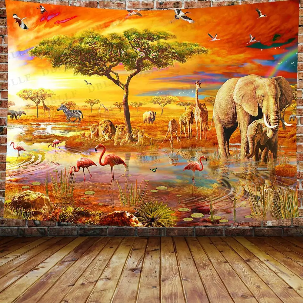 

African Safari Scenic Landscape Tapestry Giraffe Elephant Leopard Background Wall Hanging