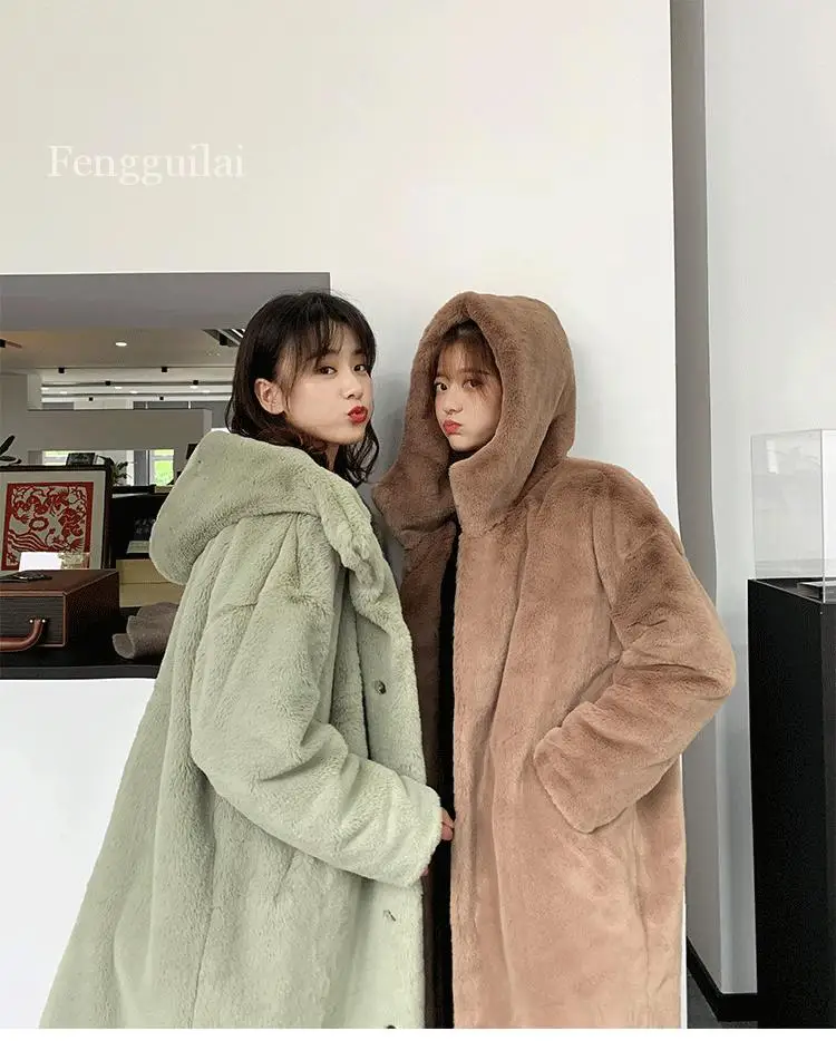 

2020 Winter Solid Hooded Women Faux Fur Coats ladies Thick Warm Outwear Fur Jackets female Loose Long Overcoat