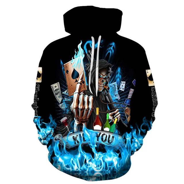 3d Skull Print Hoodie Long Sleeve Black Sweater Casual Sportswear Men's O Neck Pullover Street Oversized Clothes Hoodies Kids SKU-01-MLMS2636