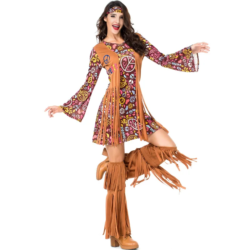 

2017 Flower Printed Long Sleeve Boho Dresses Hippie Dress With Headband Adult Halloween Cosplay Plus Size Halloween Costumes