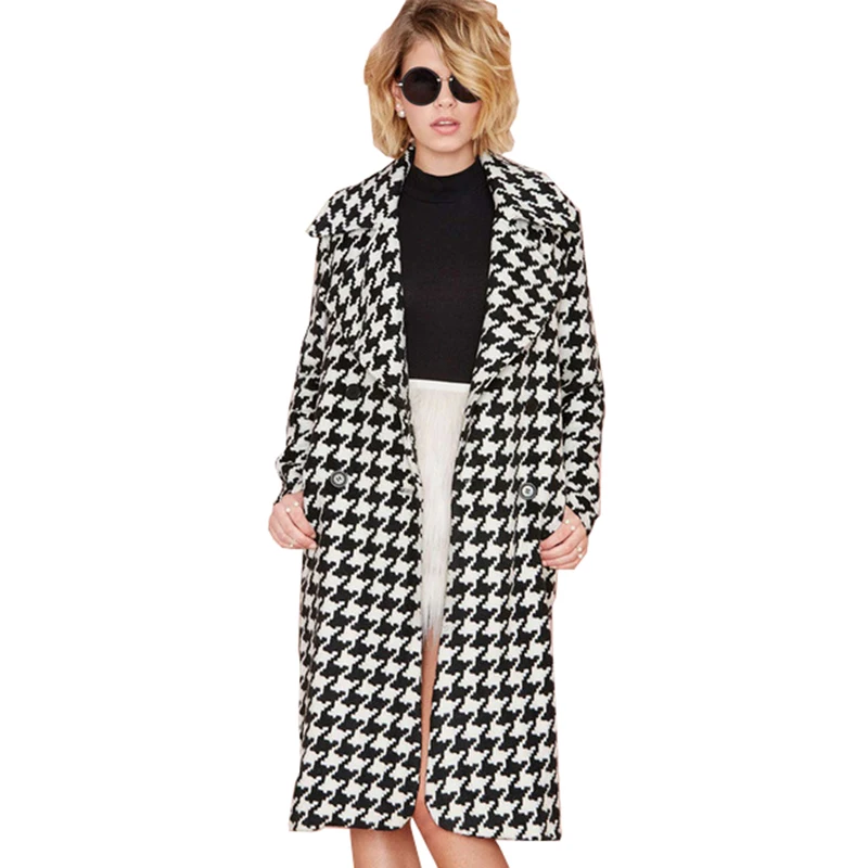 2019 Autumn Winter Gorgeous Wool Blend Female Houndstooth Coats Windbreaker for Women Ladies Deep Fall Long Outwear Overcoat | Женская