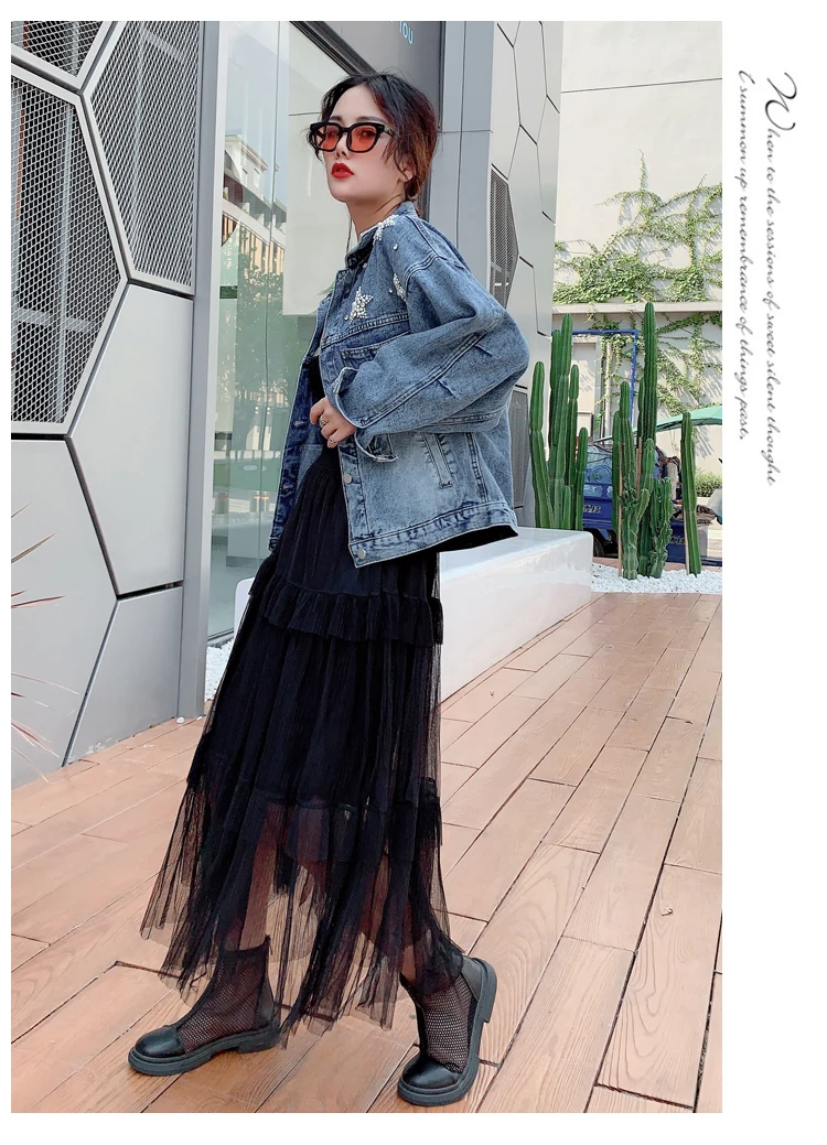 Autumn New High Quality Streetwear Beaded Diamond Denim Jacket Female Long  Sleeve Single Breasted Turn-Down Collar Outerwear