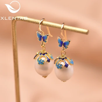 

XlenAg Pure Natural Round Pearl Pendant Earrings Blue Cute Bow Female Drop Earrings Party Prom Wear Cloisonne Jewelry GE0982