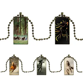 

For Girls Fashion Glass Cabochon Pendant Necklace With Women Bronze Plated Statement Jewelry Beautiful Sunset Running Horse