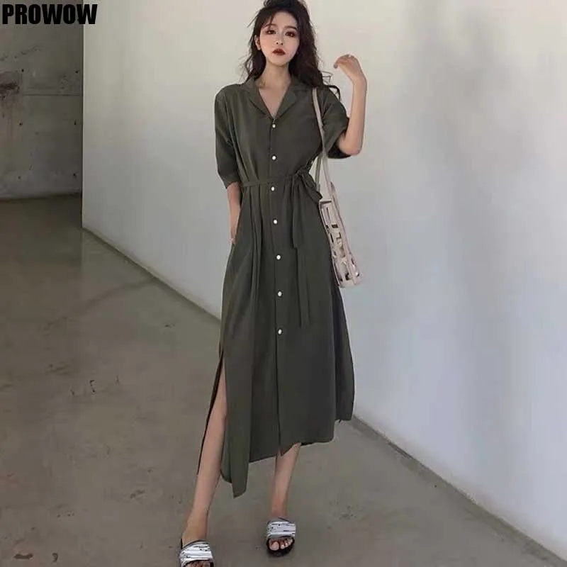 Chic Elegant Women Midi Dress Summer Fashion Office Waist Split Dresses Korean Retro Chiffon Japanese Leisure Dress Female 2020