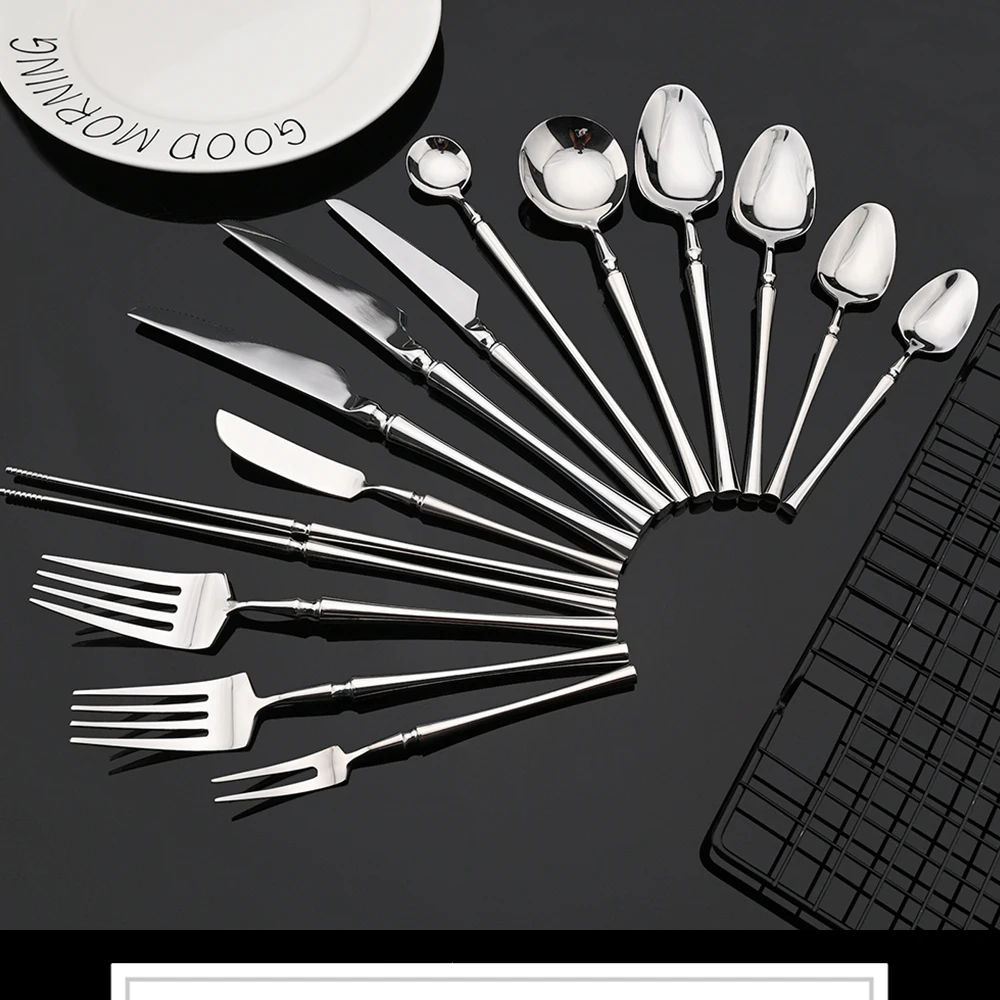 Description Picture 2 of itemSilver Flatware Cutlery Luxury 304 Stainless Steel Dinnerware Set Mirror Polishing Tableware Set Dinner Knife Dessert Fork Spoon