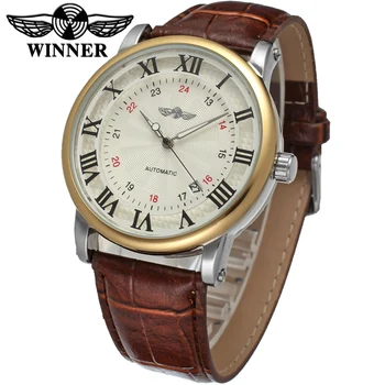 

T-winner Automatic Wrist Watch Roman Numbers Date Display Leather Strap Men Watches Stainless Steel Man Waterproof Clock
