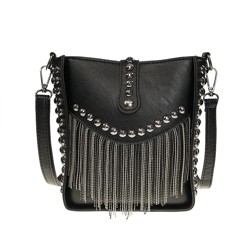 DIINOVIVO женская сумка на плечо с кисточками, женская сумка-мессенджер с заклепками в стиле панк, маленькая сумка-мешок, женские сумки через плечо, женская сумка WHDV1213 - Цвет: Черный