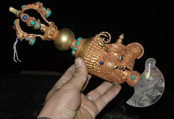 

wedding decoration Silver Filigree inlay crystal turquoise Dragon head Vajra Phurpa Dagger ax faqi