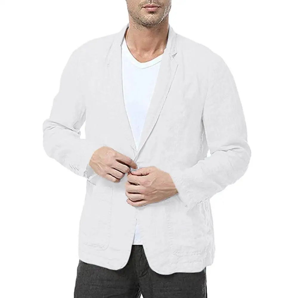 Мужские облегающие хлопковые льняные однотонные костюмы с длинными рукавами, блейзер с карманом, большие размеры, повседневные куртки, верхняя одежда для мужчин - Цвет: White-3