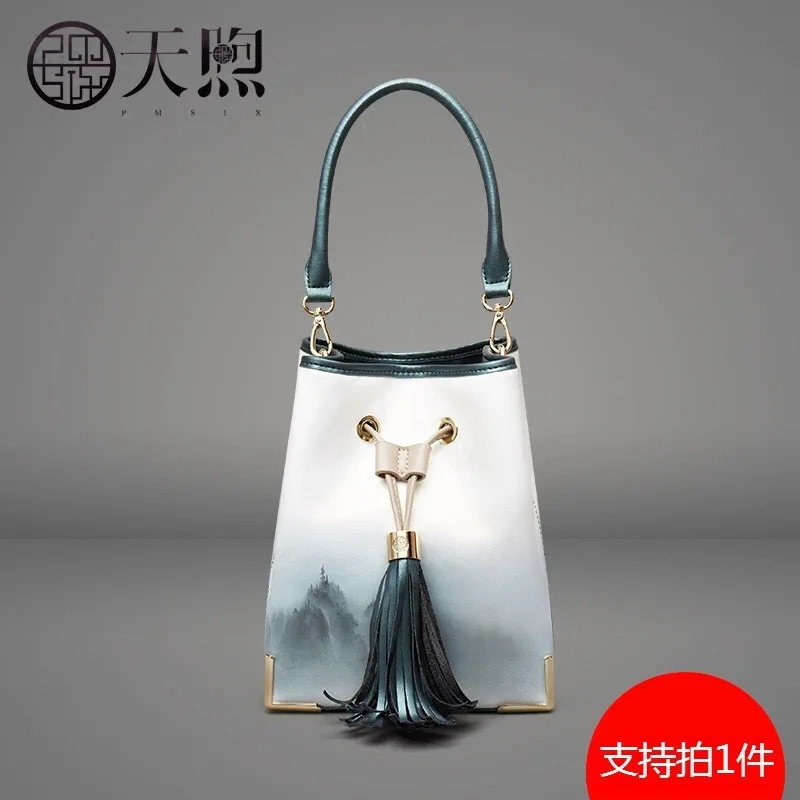 

Ink Painting Bucket Bag Female 2019 Genuine Leather Bucket Bag Single Shoulder Bag Slung Tassel Bag Hanfu Antique Style Small