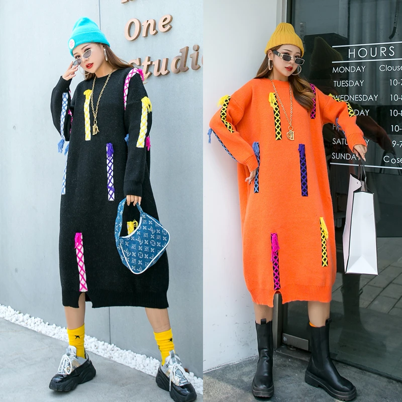 Vefadisa Black Orange Plus Size Knitting Long