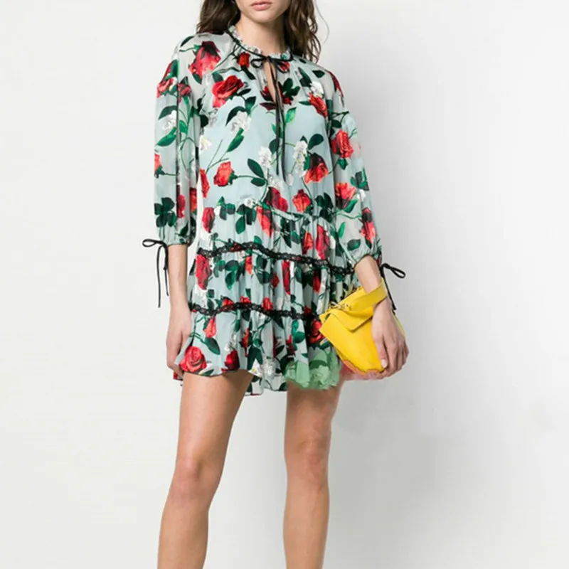 

Women's Mini Dress Floral Print Lace Long Sleeve Ribbon A Line Sweet Two Pieces Short Dresses