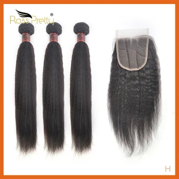 

Ross Pretty Kinky Straight Hair Bundles with closure Remy Brazilian human hair extension With lace Closure 4*4 Pre Plucked