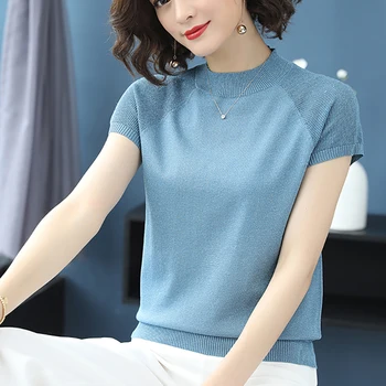 

Half Turtleneck Women Sweater Thin Summer Knitted Elastic 2020 Short Sleeve Hollow Out Woman Clothes Sweater Womens Pullovers