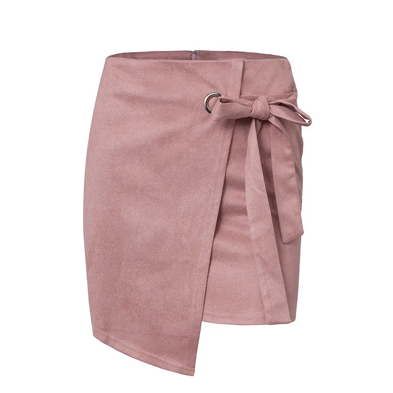 Асимметричная юбка из замши с узлом и поясом, женская сексуальная зимняя юбка с высокой талией, осенняя повседневная кожаная юбка для женщин - Цвет: Розовый