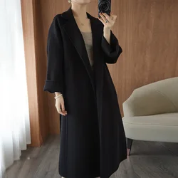 Net Red Double-sided Cashmere Coat Women's Mid Autumn And Winter Long Lace Up Split Loose Thin Wool Coat
