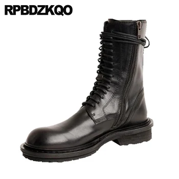 

front lace up casual ankle boots autumn chunky luxury shoes military women combat round toe fall black platform genuine leather