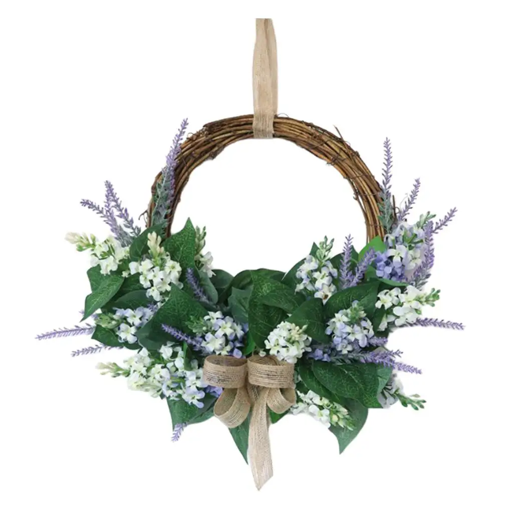 Handmade Lavender Wreath Floral Artificial Simulation Garland Wreath with Rattan Ring and Bow Ribbon