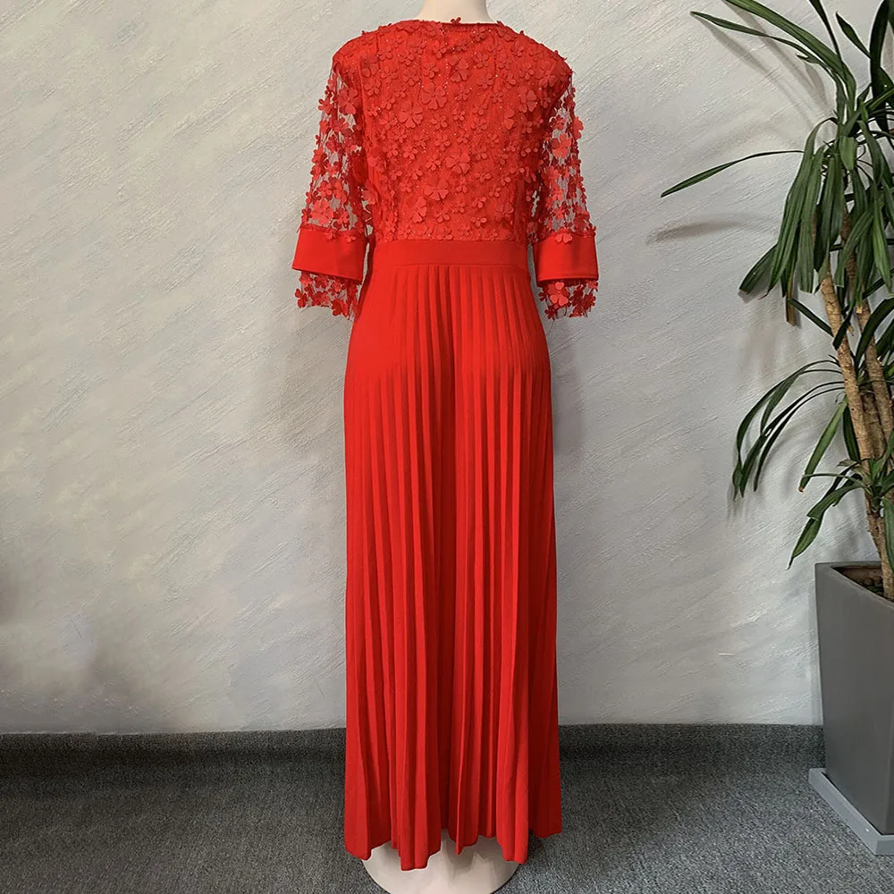 Spring Fall 3D Flowers Shiny Silver Pink African Women Party Dresses Solid Red Loose Pleated Long Dresses Maxi Dresses Elegant