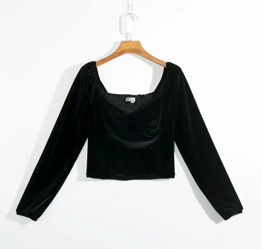 Bazaleas, Ретро стиль, тонкая женская блузка, базовая, повседневная, blusas, дворец, бархат, хаки, длинный рукав, blusas mujer de moda - Цвет: BL1503 black N467