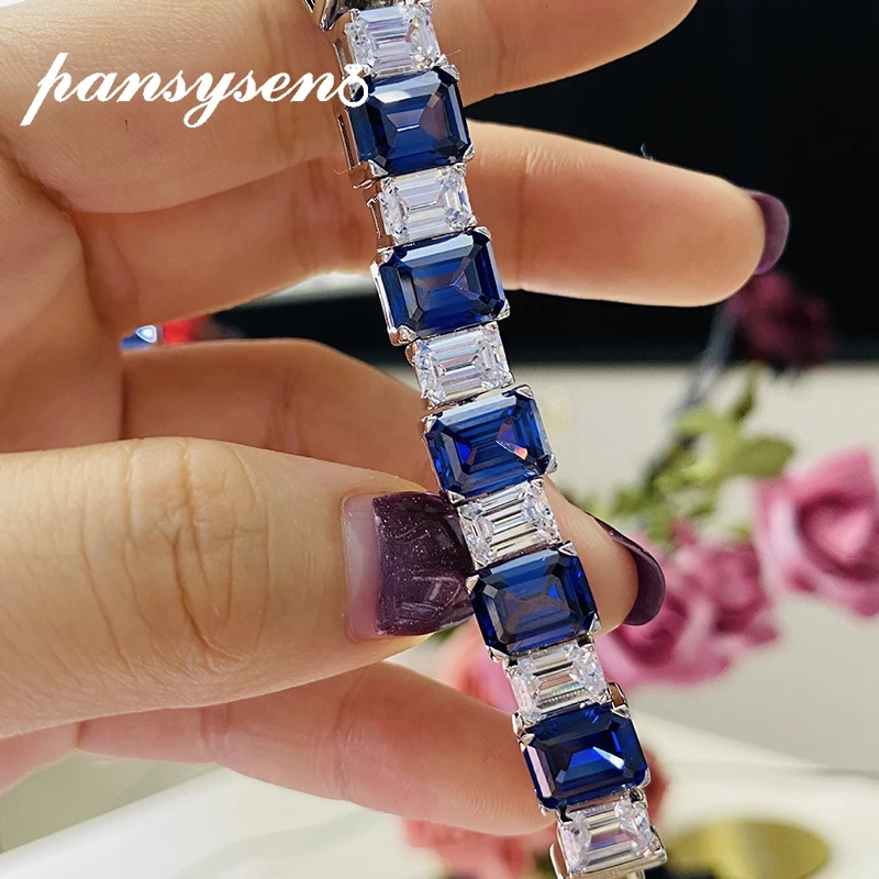 

PANSYSEN 100% 925 Sterling Silver Emerald Cut Created Moissanite Sapphire Gemstone Charm Bracelets for Women Fine Jewelry Gifts