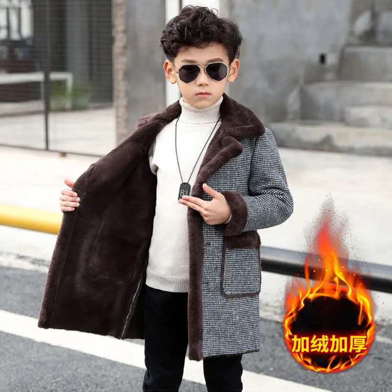 Boys thick mid-length coat children3-14years old tartan coat children winter plush warm plus velvet baby children's clothin
