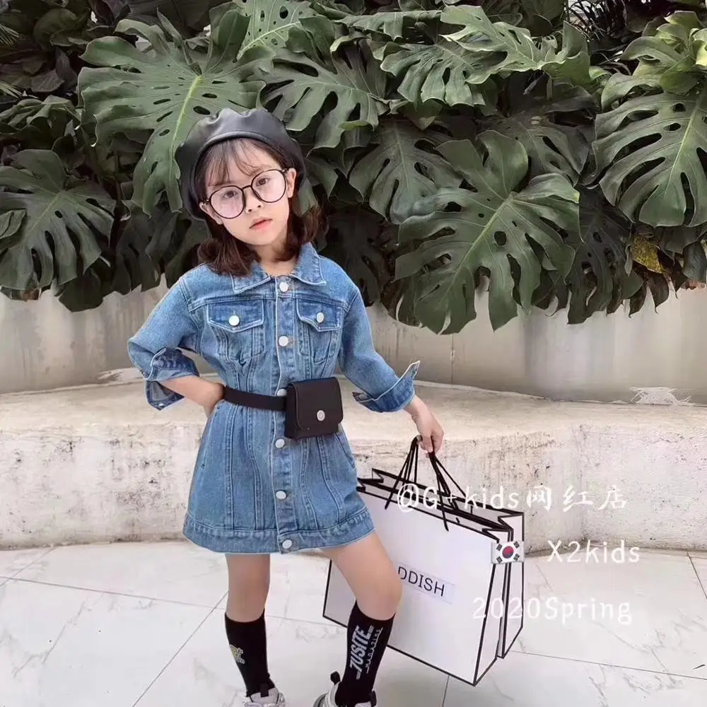 2020 spring new children's clothing girls single-breasted belt pocket lapel denim jacket