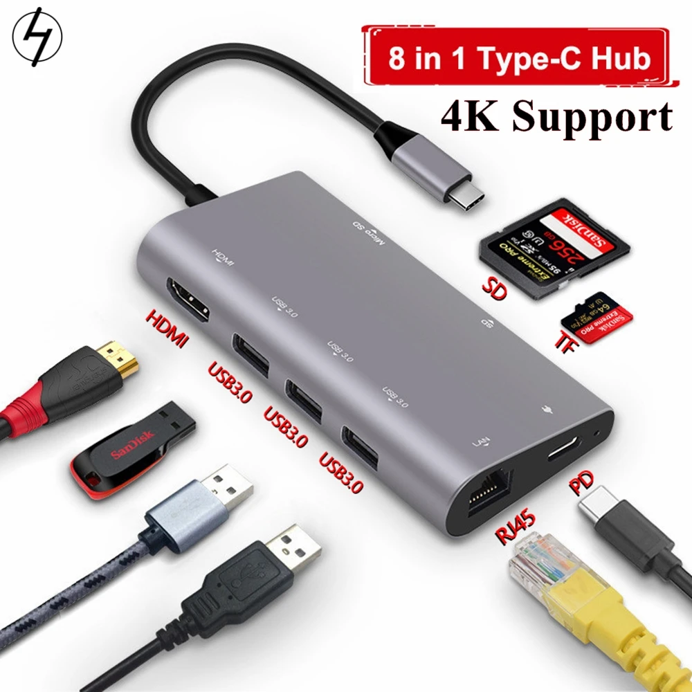 LHMZNIY 8 in1 USB C концентратор Тип с разъемами типа c и Мульти 3 0 HDMI 4k RJ45 Мощность адаптер