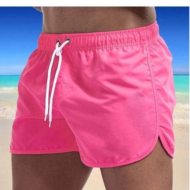 New Men's Summer Swimwear Solid Color Beach Board-shorts Swimsuits Running Sports Casual Breathable Homme Short Pants Pink