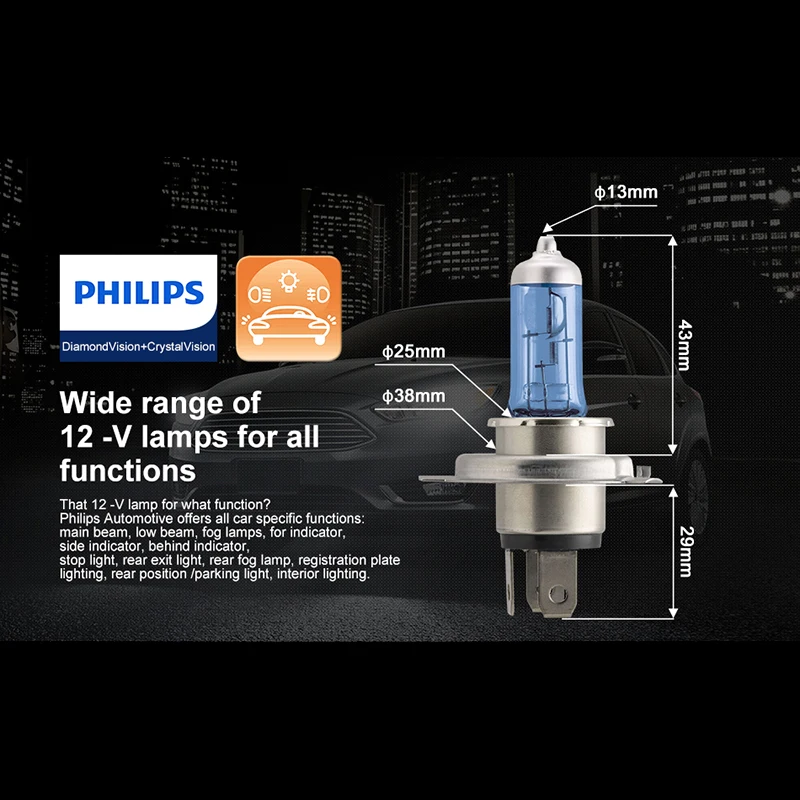 Philips h4 halogen 55W 12V Crystal Vision 4300K Bright White Light auto lamp H4 Headlight T10 Gift Original Car Accessories 2PCS