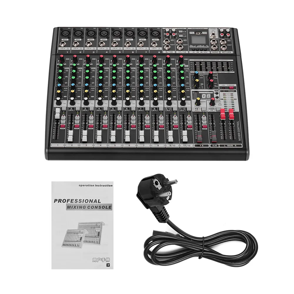 EU Plug Профессиональный 12-канальный DJ микшерная консоль цифровой аудио Миксер с 48В Мощность BT получения микшерный пульт - Цвет: EU Plug