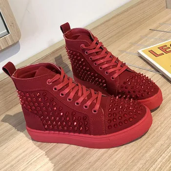 

Solid Studded Eyelet Sneaker Lace-up Casual Flat Martin Boots for Women Studded Rivets Men Shoes British Style Round Toe