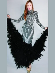 French Sequins Feather Tailing Musical Scene Formal  Evening Party Soiree Feather Peplum opera Performance Costume Singer Host