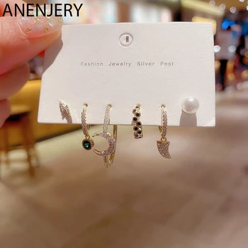 

ANENJERY Elegant Gold Color Zircon Pearl Moon Hoop Earrings for Women Jewelry 6-piece Geometric Fashion Earring Set Gift S-E1289