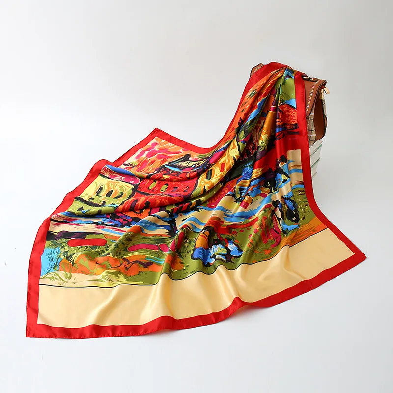 2021 spring Fashion Floral Scarf Women Oil Painting Silk Satin Kerchief Scarfs new 90X90CM Square Shawl Ladies Headband Scarves 3