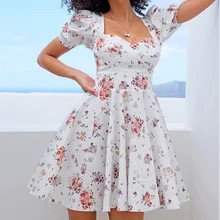 

Elegant Women's Dress Women Clothing Floral Print White Dress Women's Low-cut Backless Short Puff Sleeve Zipper Mini Sundress