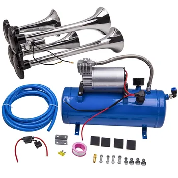 

4 Trumpet 12V 24V Truck Car Train Air Horn Air Compressor Tubing Kit 150DB Train 120 PSI For Campers RV's, Off Road Vehicles