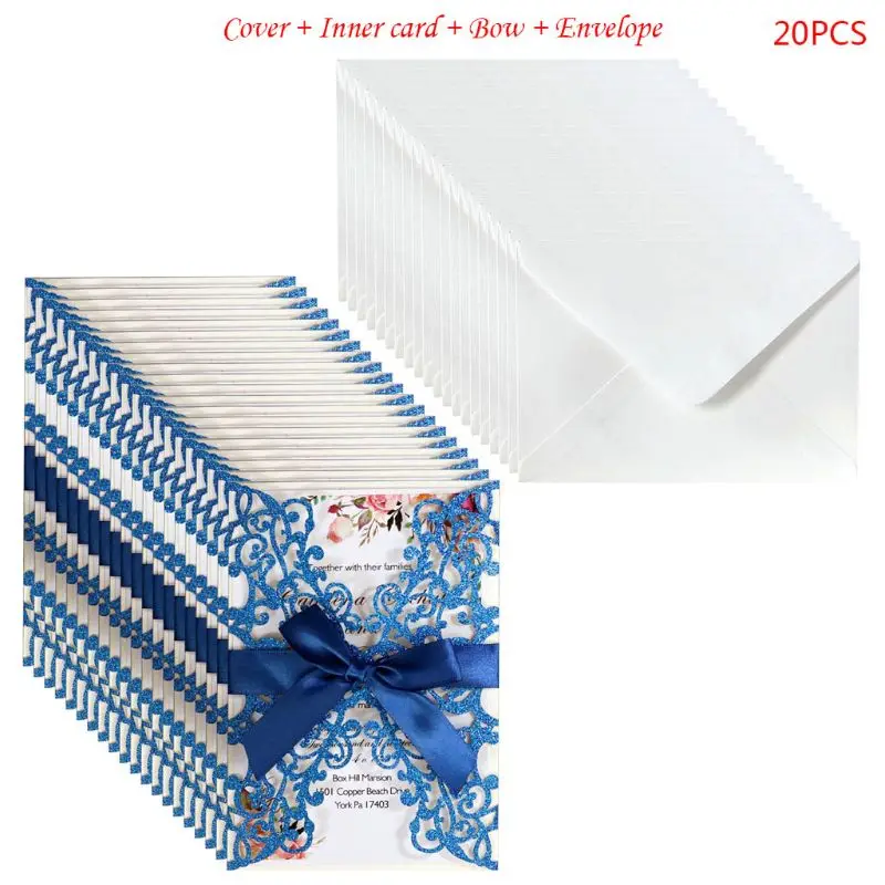  2020 New20 Pcs Glitter Wedding Invitation Cards Personalized Hollow out Cover Pockets - 4.00057E+12