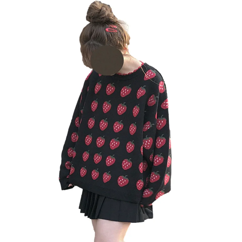 

Winter Kawaii Strawberry Knitted Sweater Women Cute Girls Black Oversized Vintage Jumper Autumn Korean Harajuku Fashion Pullover