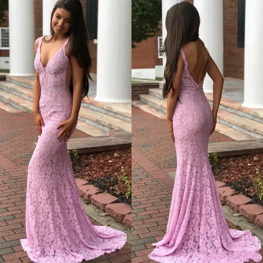 

2020 Sweety Pink Long Prom Dresses Mermaid V Neck Backless Beads Sweep Train Evening Gowns Formal Dress Vestidos de Noiva