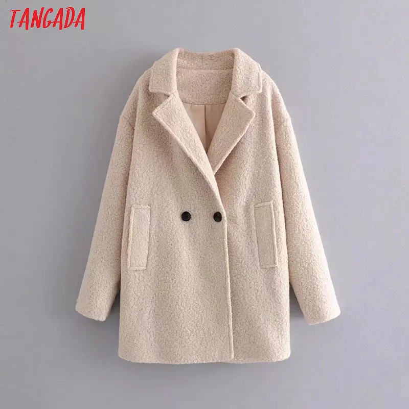Tangada женское однотонное длинное плюшевое пальто зимнее женское пальто большого размера винтажное пальто с длинными рукавами и карманами 3A11