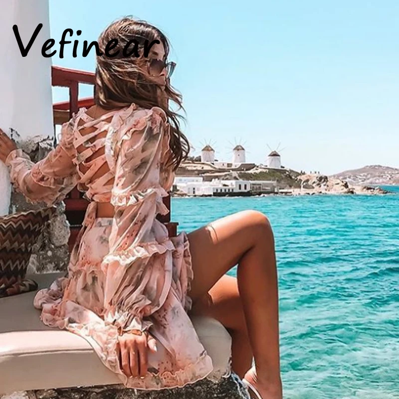 Vefinear Новое винтажное женское платье с цветочным принтом элегантное осеннее платье с длинными рукавами и высокой талией с оборками сексуальное мини-платье с v-образным вырезом Vestidos