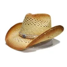 Бежевый унисекс соломенные из пальмового волокна Богемия Стиль полый Широкий пляжный навес ковбой ковбойская шляпа ковбойская Spall каменная трикотажная лента(58 см