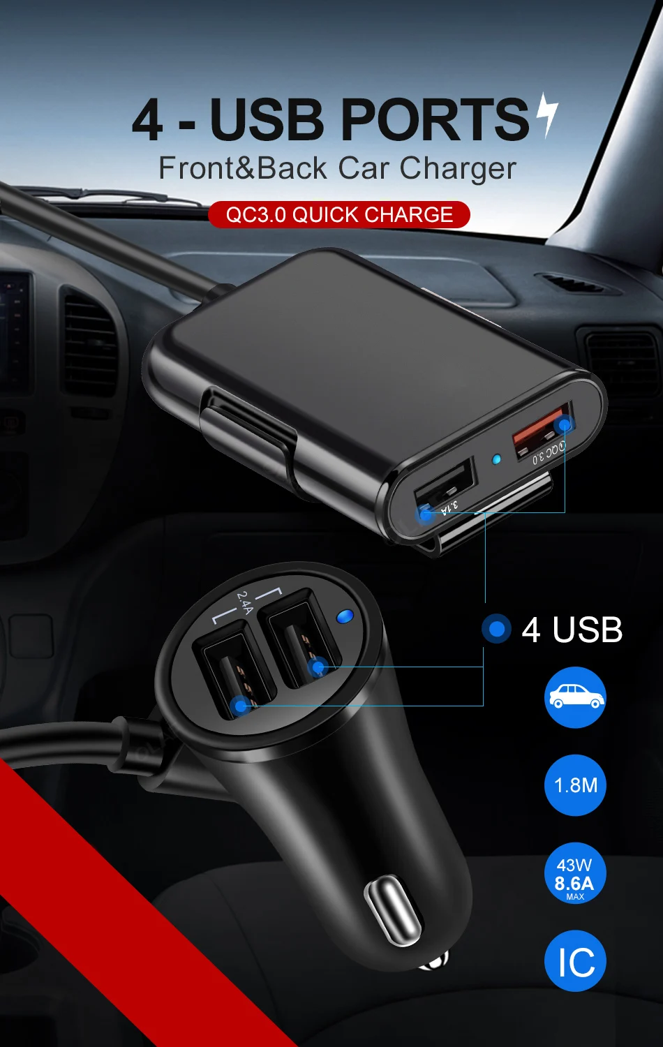 60 Вт 8А переднее/заднее сиденье 4 порта USB быстрая зарядка 3,0 Автомобильное зарядное устройство для iPhone huawei быстрое зарядное устройство для телефона Xiaomi samsung Зарядка