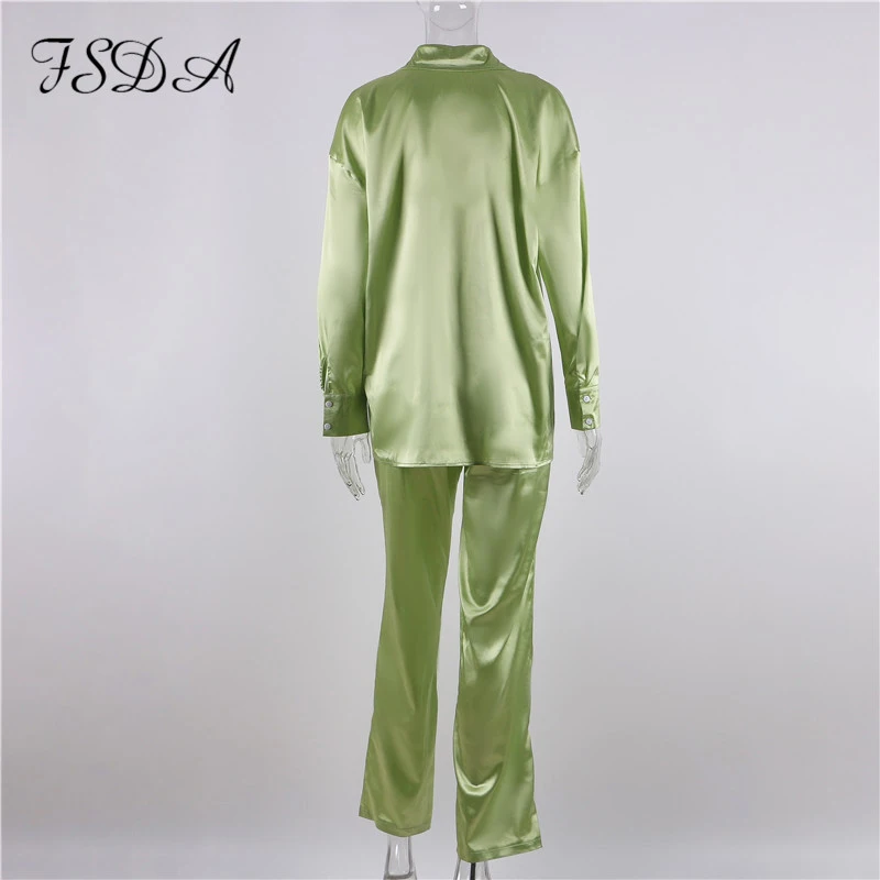 blazer pants set FSDA 2021 Tracksuit Satin Women Long Sleeve Top Shirts And High Waist Pants Elegant Casual Two Piece Sets Green Party Outfits special occasion pant suits