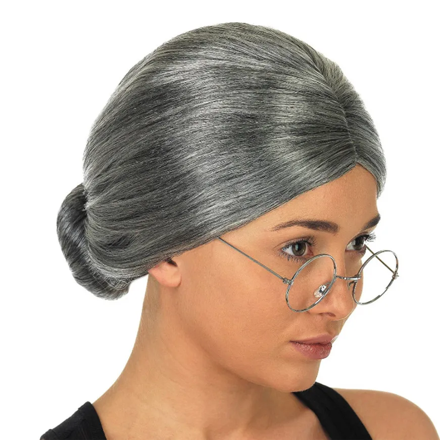 Old Woman Silver Hair Wig Party Headwear Dress Up Show Wig Cosplay