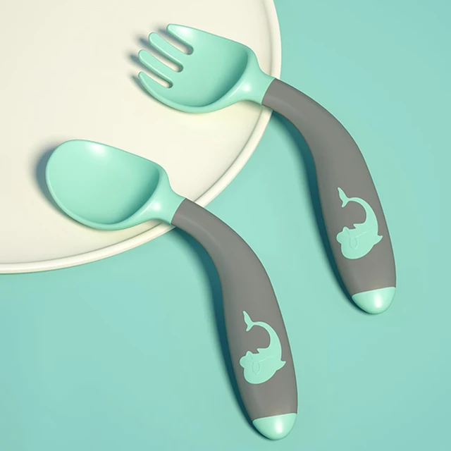 Silicone Spoon for Baby Utensils Set Auxiliary Food Toddler Learn To Eat Training Bendable Soft Fork Infant Children Tableware Green