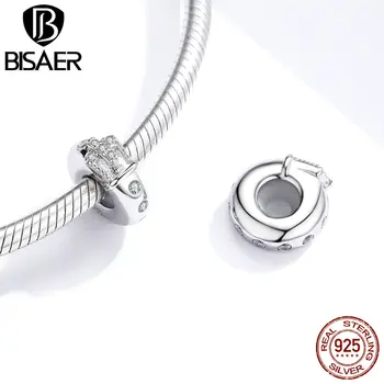 

BISAER Silver Spacer authentic 925 Sterling Silver Silicon Inside Safety Beads Charms for Bracelets & Bangles Jewelry HVC232