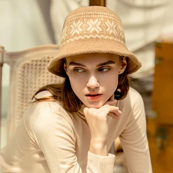 

Elegant Flower Printed Winter Hat Thick Warm Women Hats 1920s Gatsby Warm Beanie Hat Wool Cap Crushable Cloche Bucket Hat 6Color